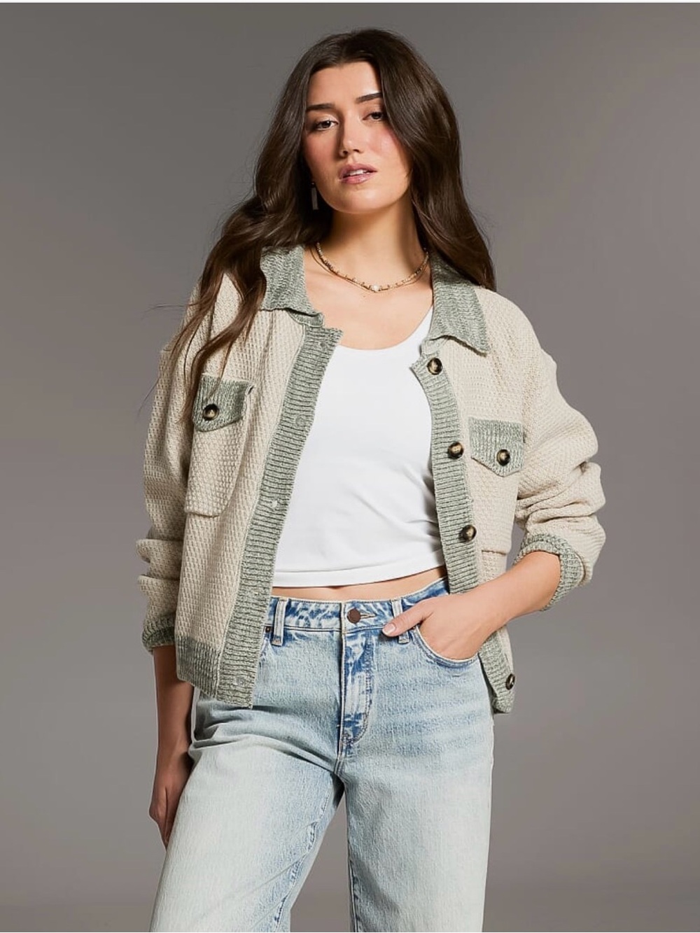 BKE Women’s Winter Cream Knit Cardigan Sweater with Green Trim Medium